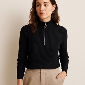 Maeve by Anthropologie Black Ribbed Mock Neck Half Zip Sweater Women’s XL